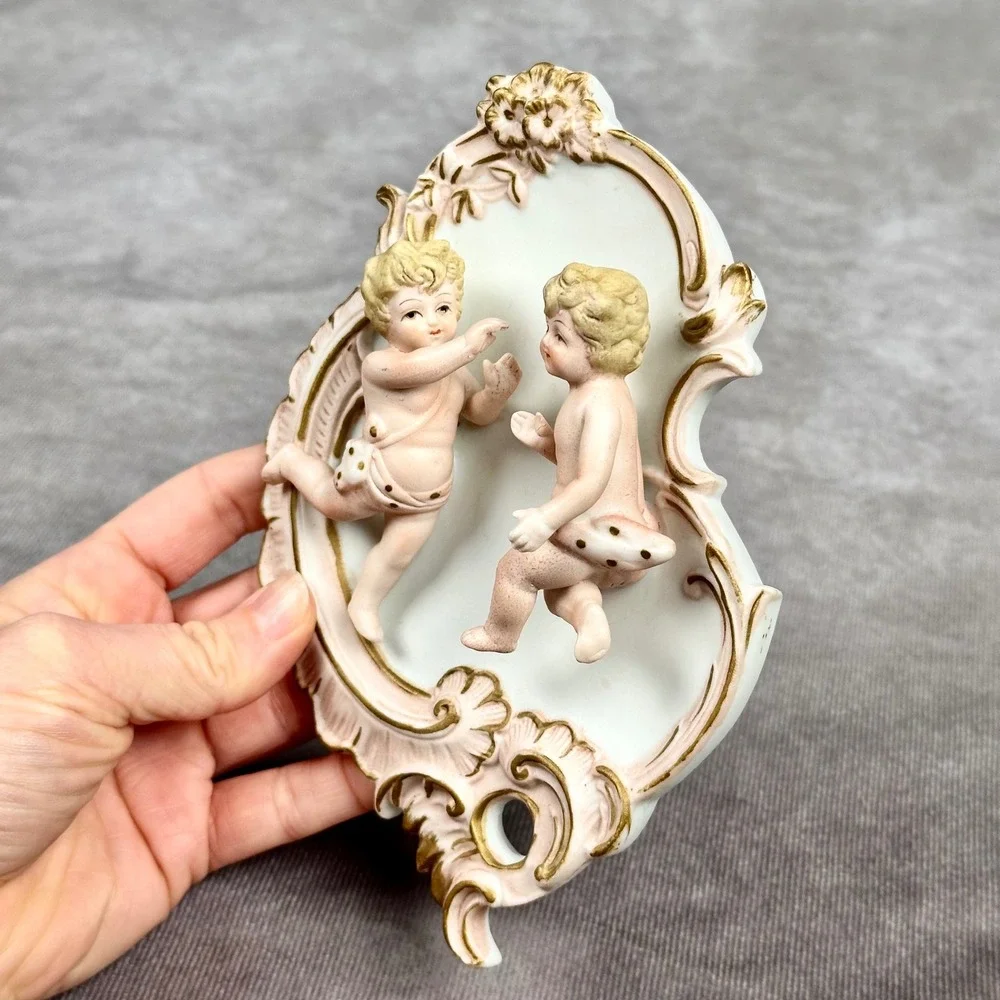 Vintage Lefton Porcelain Cherub Wall Decor Pink Gold Ornate Plaque Hand Painted